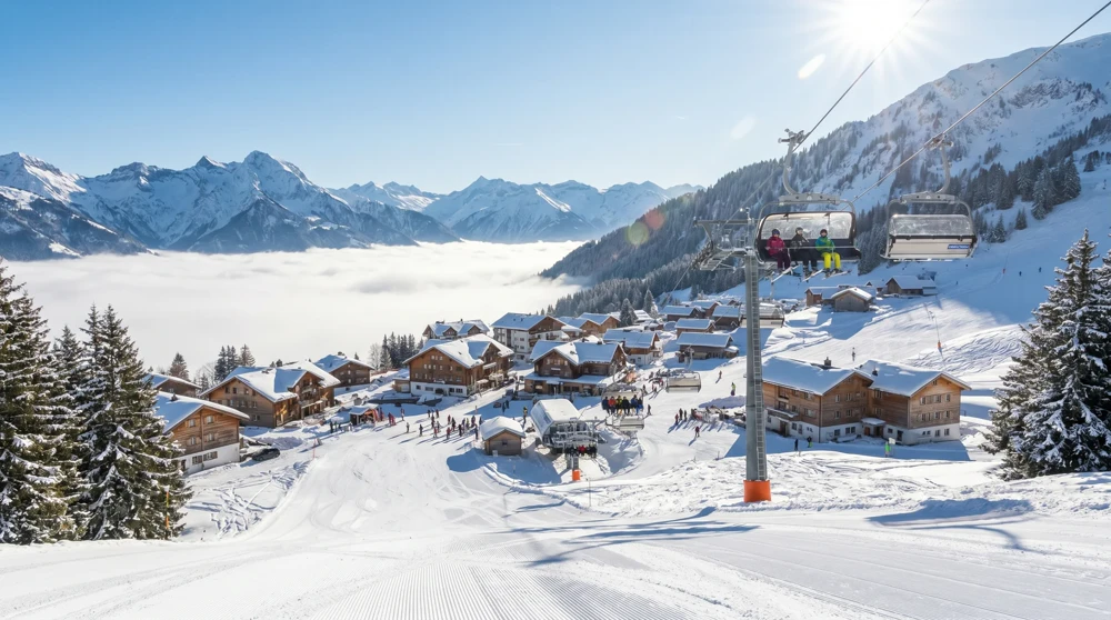 Malbun ski resort in winter with groomed slopes and a chairlift above the Rhine Valley fog layer in Liechtenstein