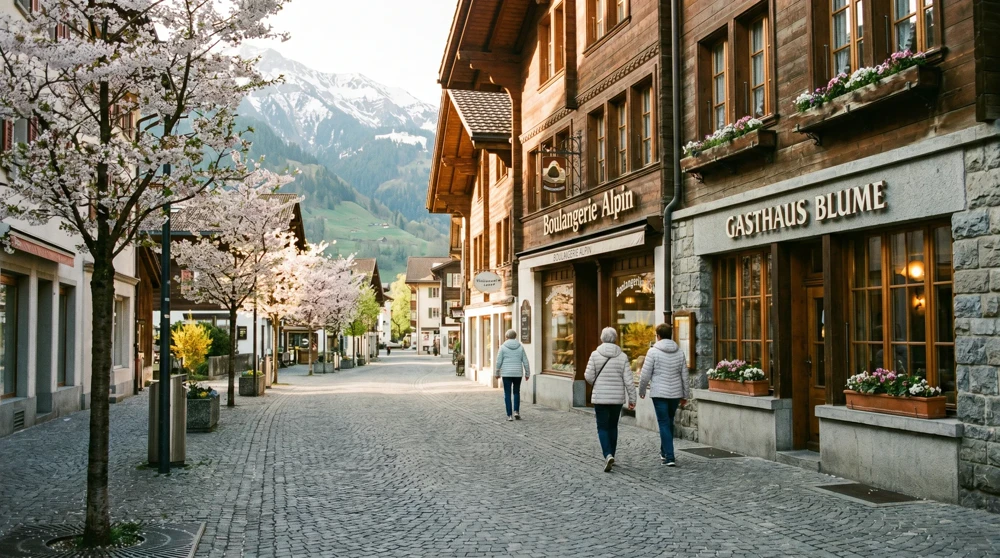 Quiet Städtle pedestrian street in Vaduz in late spring with blossoms and no tourist crowds