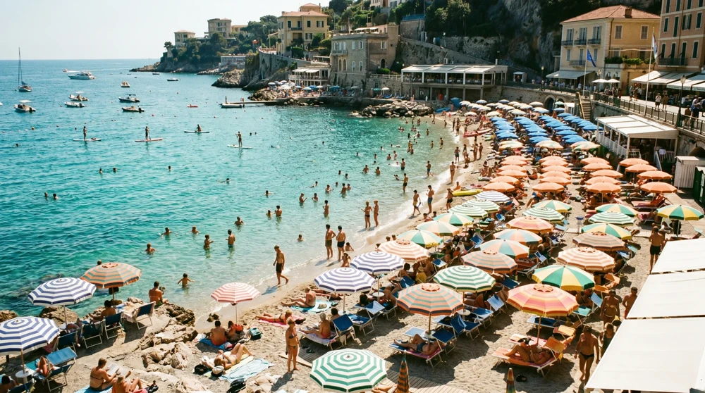 Larvotto Beach at peak summer capacity with swimmers in Monaco's Mediterranean waters