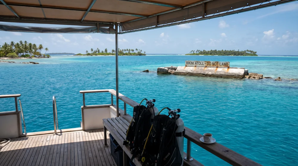 Bikini Atoll lagoon surface view from liveaboard