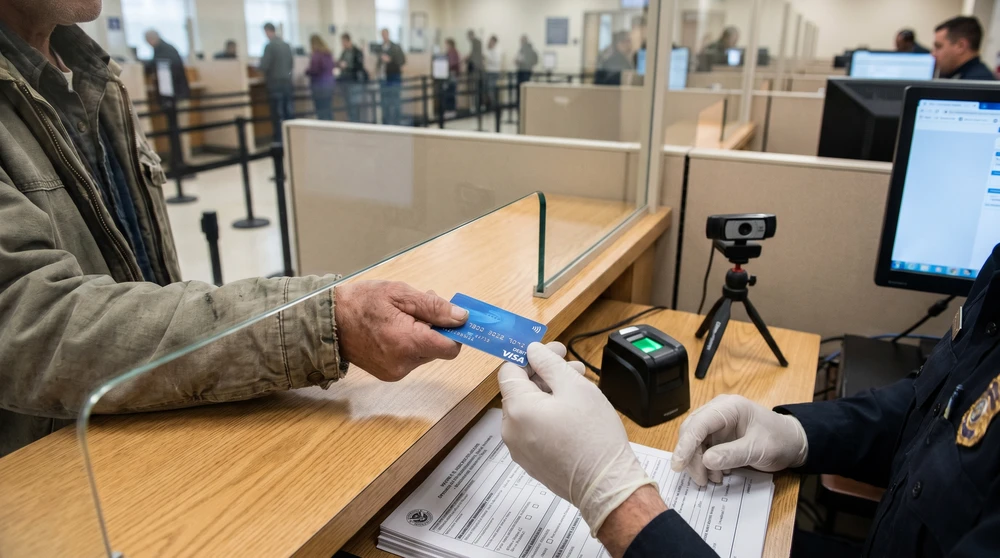 Traveler paying a residence card fee by debit card at a biometric appointment counter in a government office