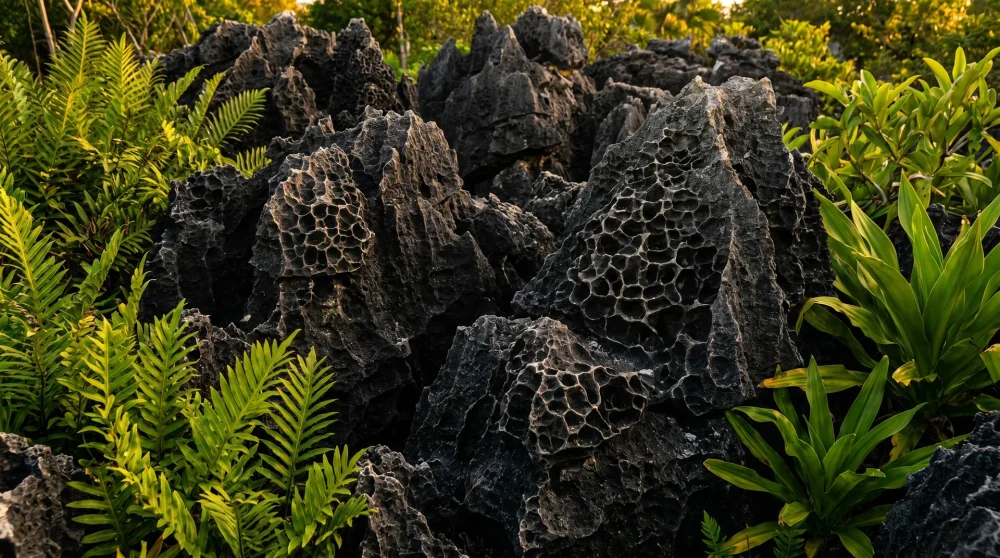 Nahaufnahme der gezackten schwarzen Phytokarst-Kalksteinformationen in Hell, Grand Cayman.