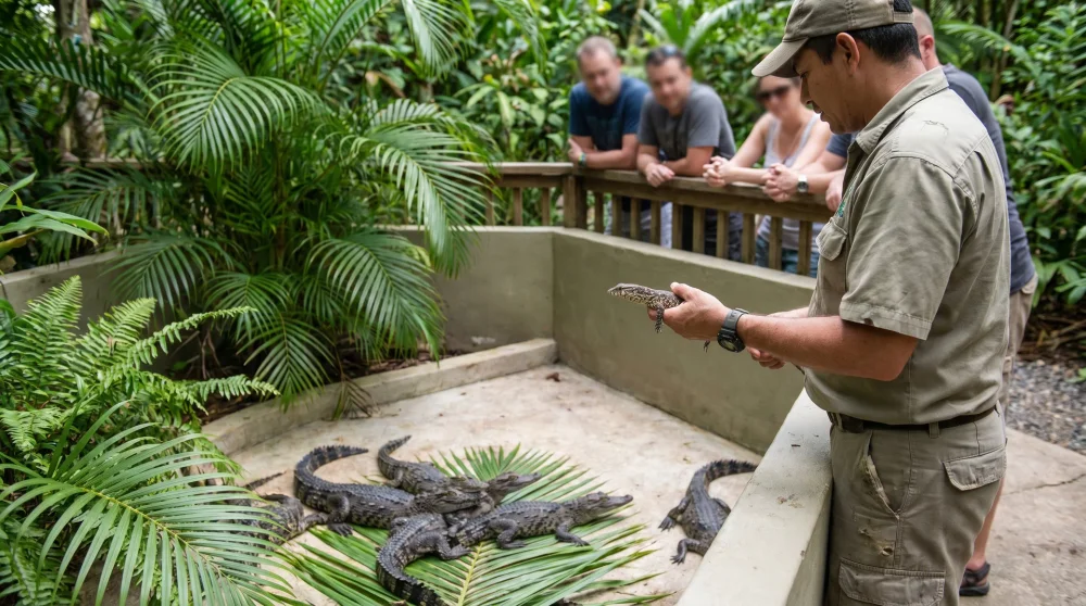 Mitarbeiter hält Baby-Krokodil in der Black River Safari Station