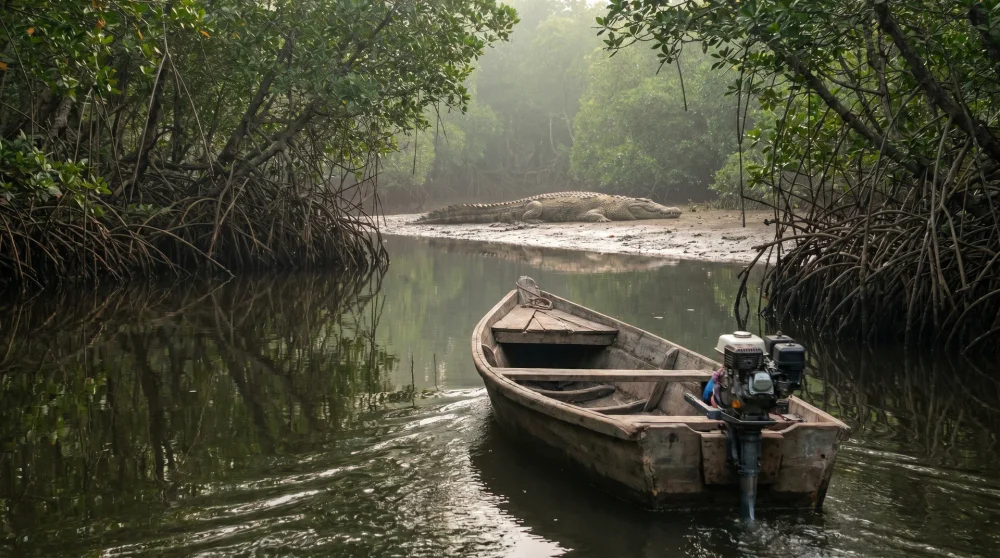 A small boat moving through the dark mangrove-lined waters of the Black River safari in Jamaica