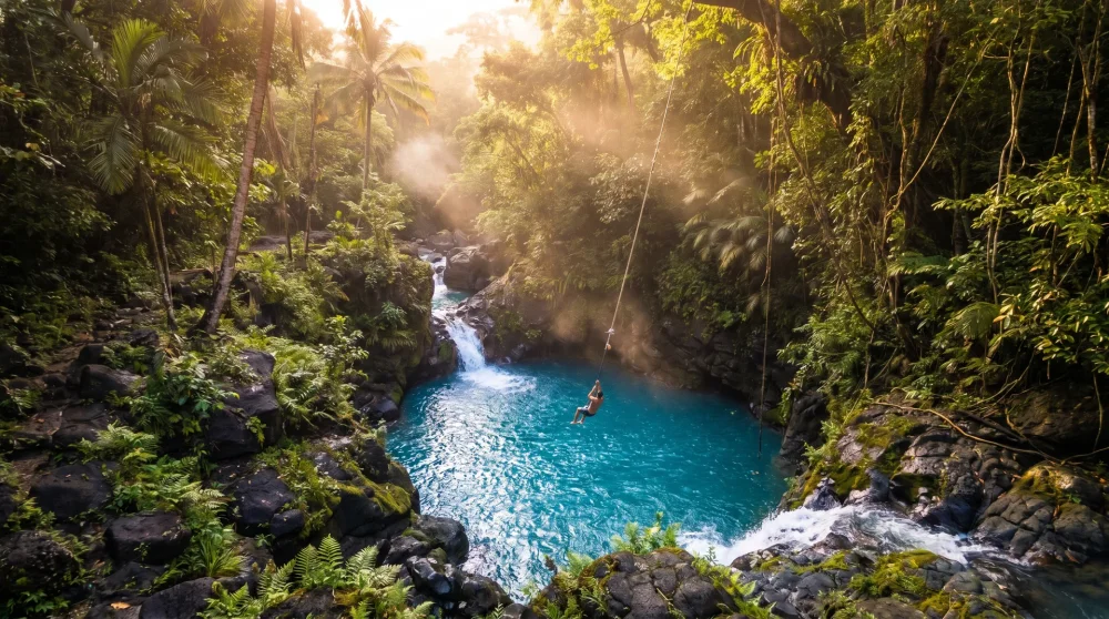 Blue Hole Jamaica showing vivid azure natural pool contrasting with dark volcanic rocks and dense jungle vegetation above Ocho Rios