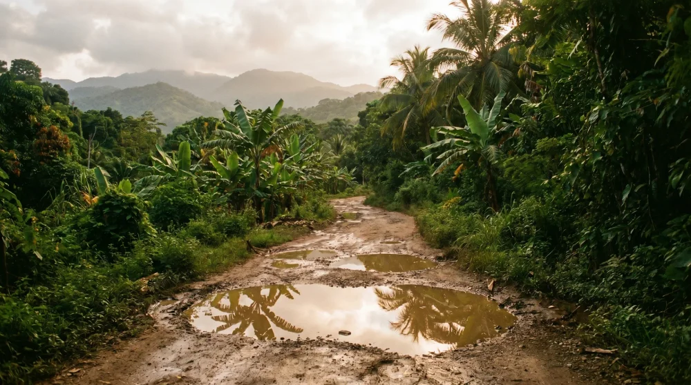 Unbefestigte Landstraße durch tropische Hügel in Westmoreland Jamaica