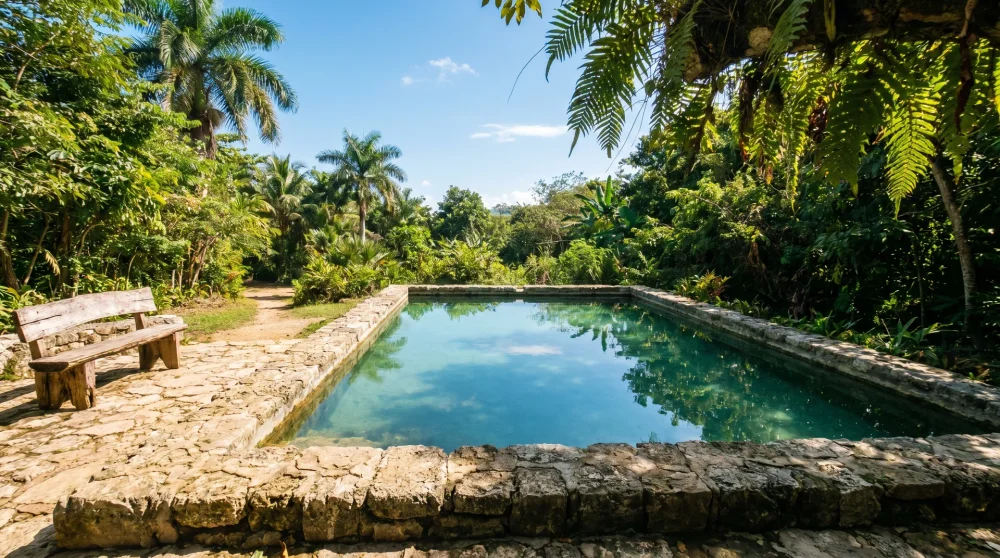 Above-ground mineral pool surrounded by limestone walls in rural Jamaica