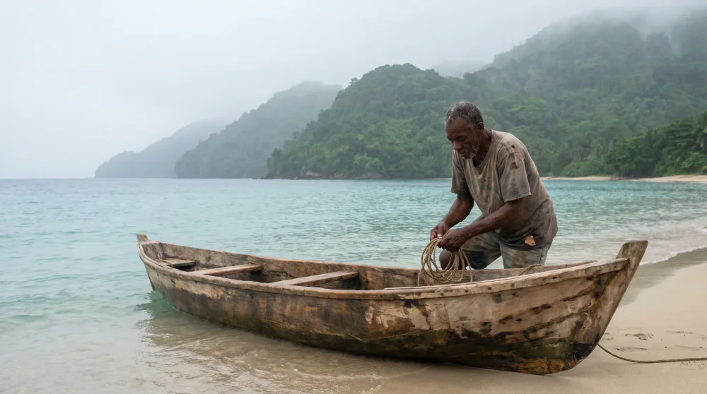 A small wooden boat with a Jamaican guide departing from a calm sandy beach near Blue Lagoon in Port Antonio