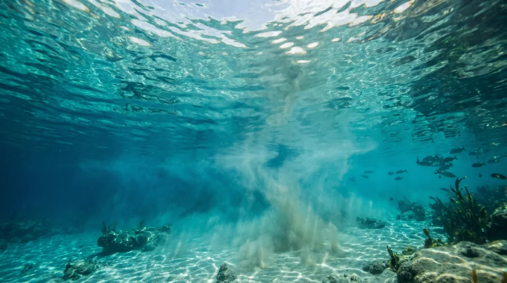 Underwater view looking up through the crystal clear fresh and saltwater layers of Blue Lagoon in Jamaica