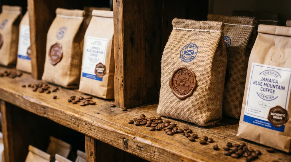 Close-up of a certified Jamaica Blue Mountain coffee bag with the Coffee Industry Board seal