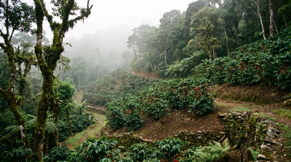 Blue Mountain coffee estate shrouded in morning mist at 3000 feet elevation in Jamaica