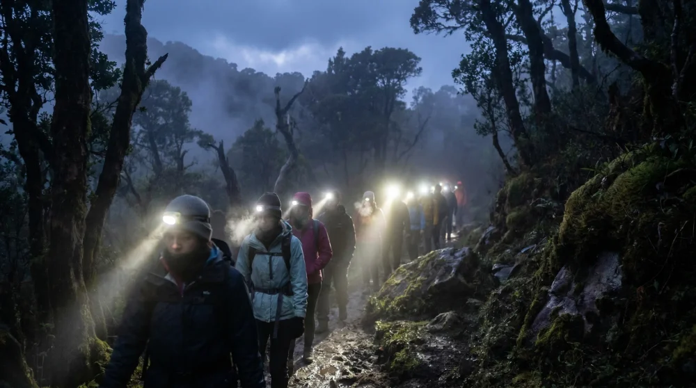 Wanderer mit Stirnlampen beim Aufstieg zum Blue Mountain Peak vor der Morgendämmerung