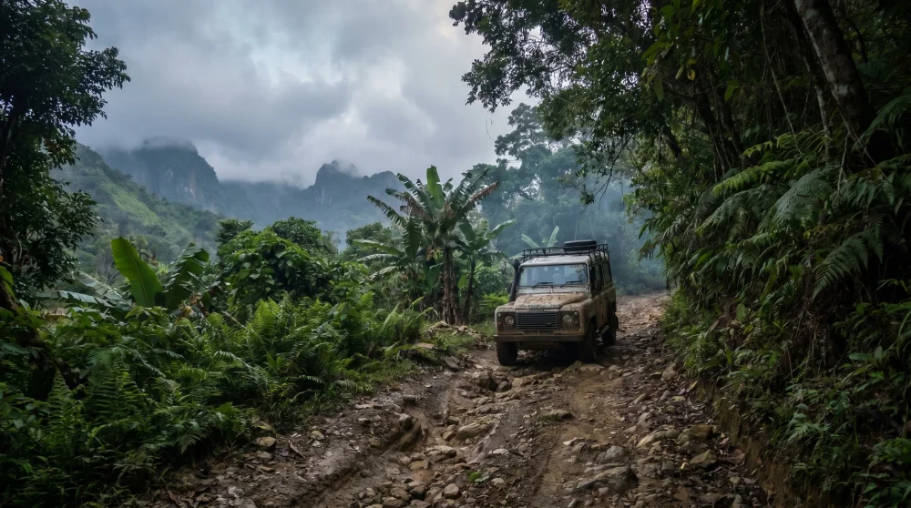 Geländewagen auf der schmalen, steilen Bergstraße in die Blue Mountains Jamaikas