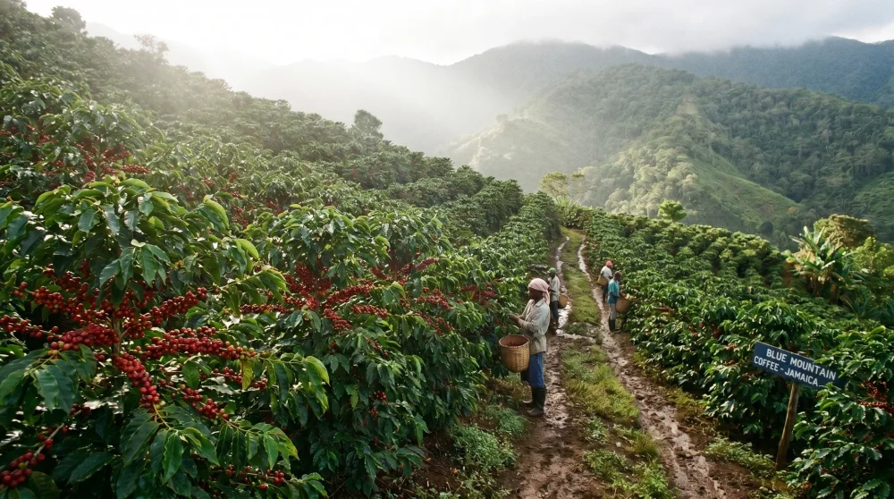 Ripe red coffee cherries growing on lush green bushes in the Blue Mountains of Jamaica