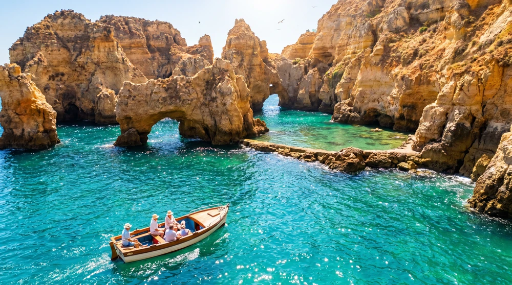 Small open boat cruising past rugged limestone sea cliffs toward a clear turquoise natural swimming pool