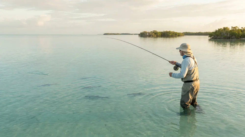 Fliegenfischer watet durch Grand Caymansche Flachgewässer und wirft auf Bonefish im türkisfarbenen Wasser