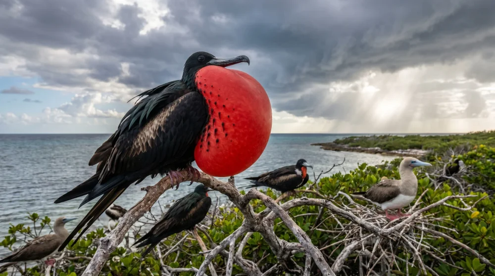 Prachtfregattvogel mit aufgeblasenem roten Kehlsack auf Little Cayman