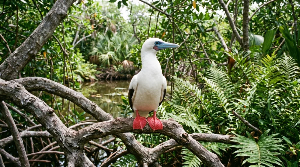 Rotfußtölpel auf einem Mangrovenast im Booby Pond Nature Reserve auf Little Cayman