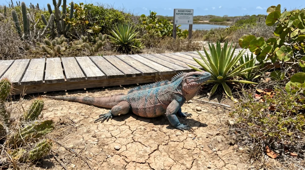 Schwesterinseln-Felsenleguan am Weg des Booby Pond Nature Reserve auf Little Cayman