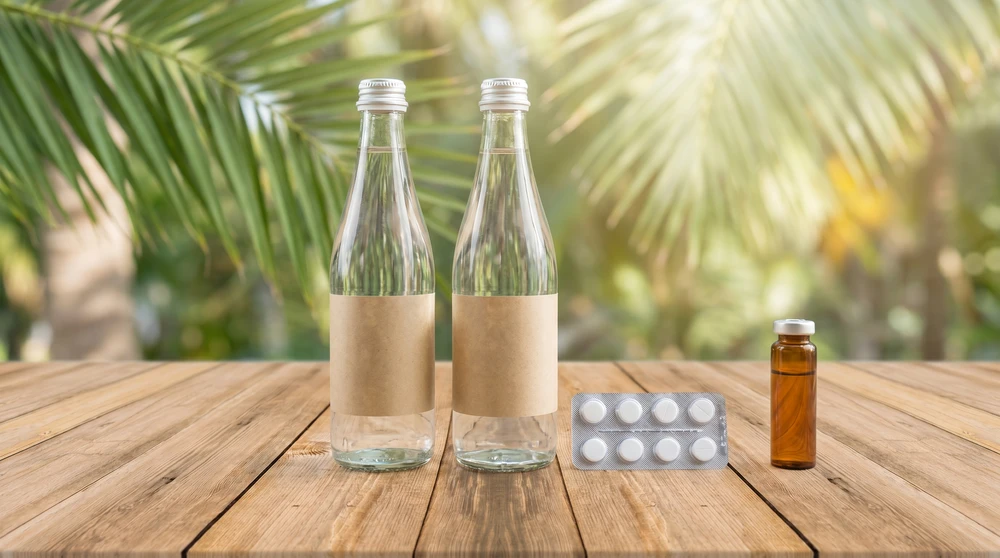 Sealed bottled water and water purification tablets on a wooden table with palm fronds in the background, essential for safe drinking water across Marshall Islands atolls. Tap water is not safe to drink anywhere in the Marshall Islands.