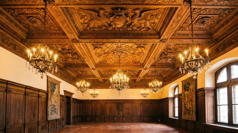 Ornate Florentine-style carved wooden ceiling with antique chandelier inside a historic Greek island mansion