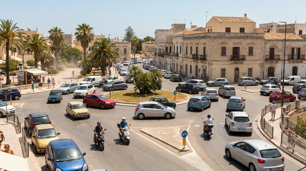 Cars merging aggressively into a busy multi-lane roundabout on a sunny Mediterranean island