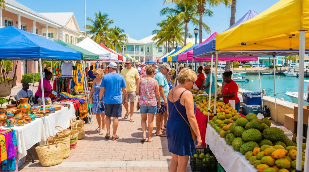 Mittwochs-Markt Farmers and Artisans Market in Camana Bay Grand Cayman mit Verkaufsständen auf dem Paseo