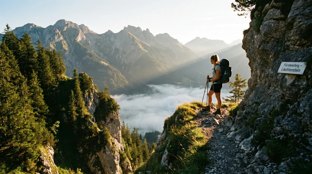 Hiker on Alpine trail starting from Camping Mittagspitze Liechtenstein with mountain views