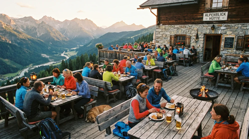 Camping Mittagspitze on-site restaurant terrace with Alpine valley panorama, Liechtenstein