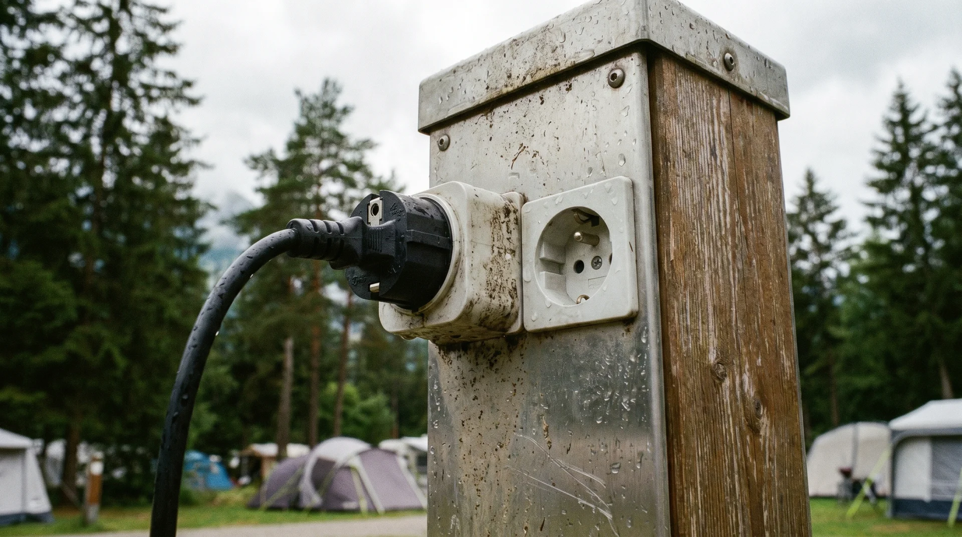 Swiss Type J socket adapter at campsite electrical hookup post, Liechtenstein campsite