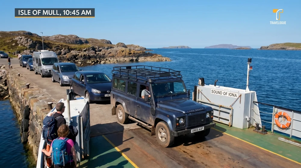 A car boarding an open-deck vehicle ferry at a sunny island harbour with sea behind