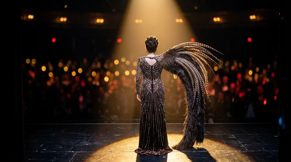 Back view of a carnival queen contestant in a beaded gown spotlit on a dark stage.