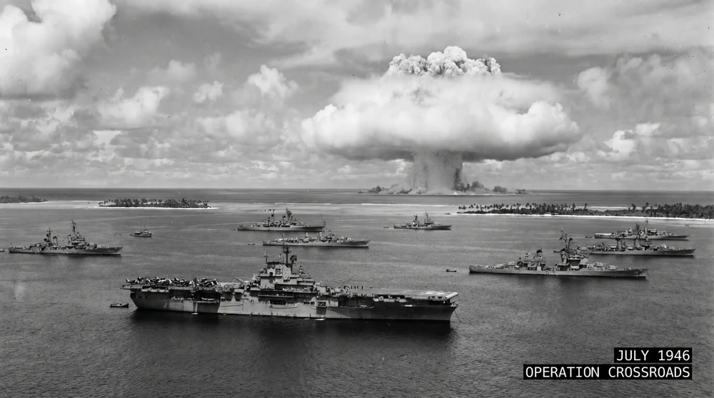 USS-Flugzeugträger und Kriegsschiffe bei der Operation Crossroads 1946 auf dem Bikini-Atoll, historisches Schwarzweißfoto