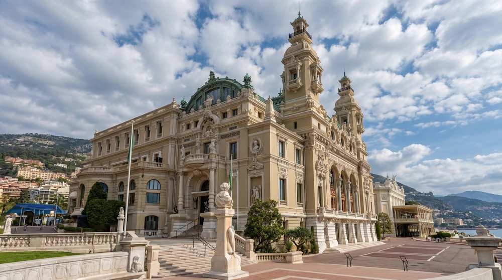 Casino de Monte-Carlo ornate Baroque architecture viewed from the gardens with Monaco coastline and mountains