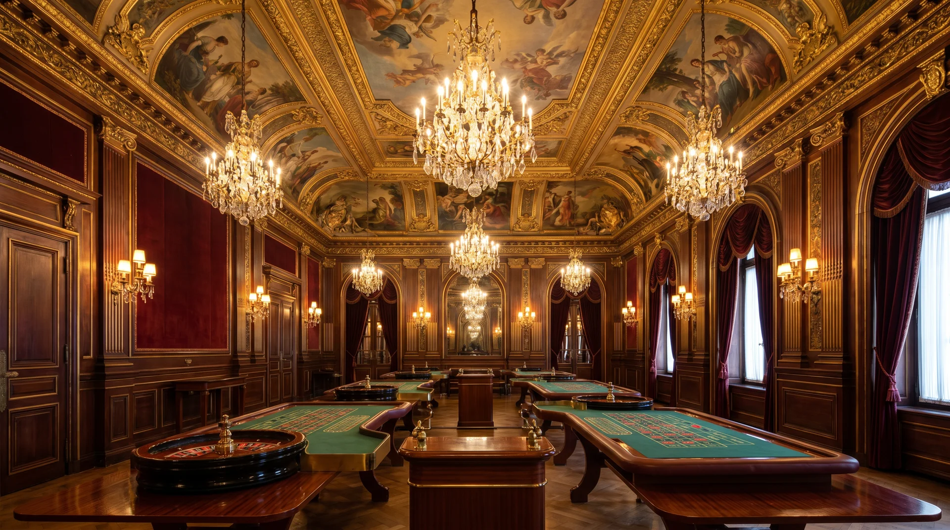 Grand Belle Epoque gaming salon interior with crystal chandeliers and roulette tables