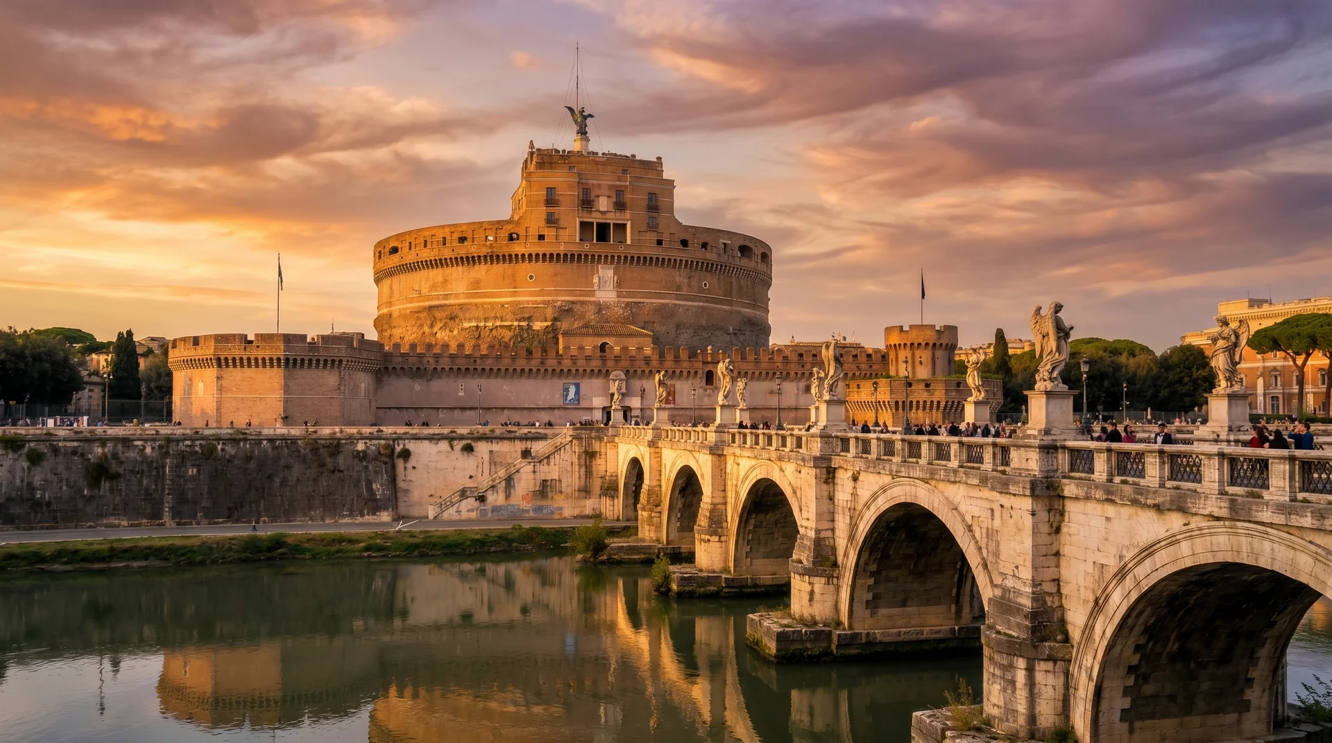 Castel Sant'Angelo viewed from Ponte Sant'Angelo bridge, showing the fortress and angel sculptures along the bridge railing in Rome