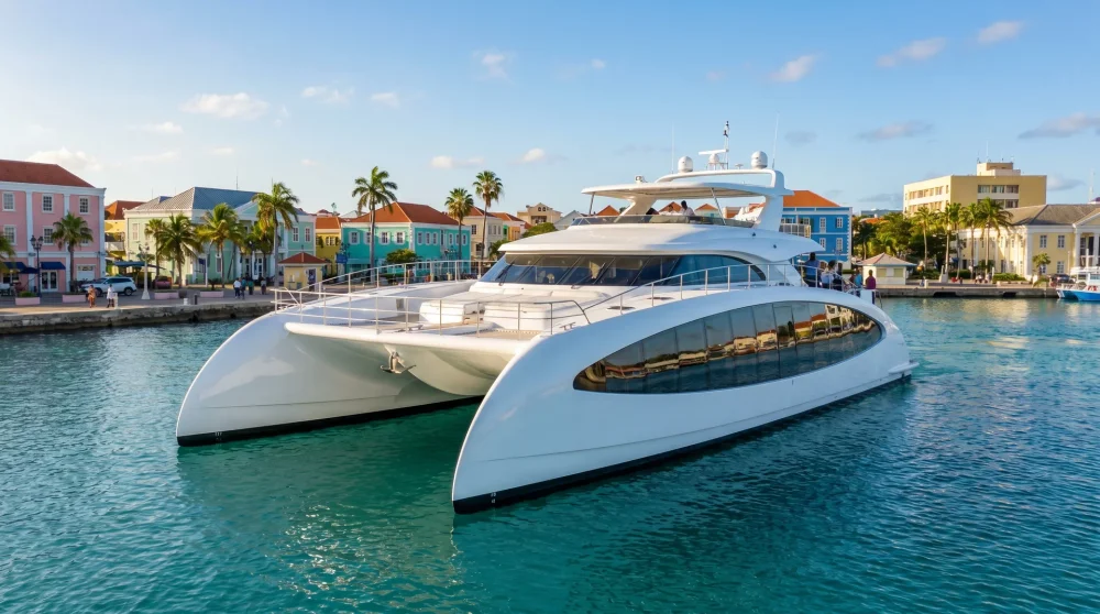 Glass-bottom boat catamaran on calm turquoise water in George Town harbor Grand Cayman