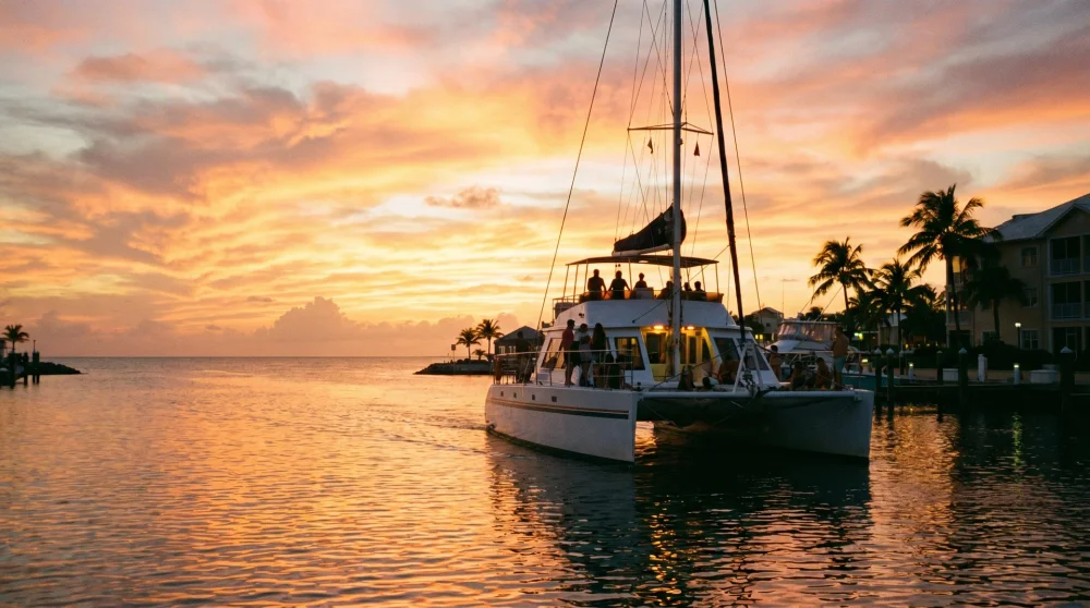 Tourenboot bei Sonnenuntergang für eine Nachtexkursion auf Grand Cayman