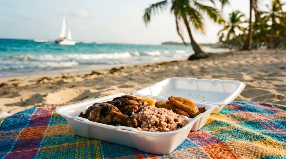 Takeaway meal on a beach towel with turquoise Caribbean ocean in background