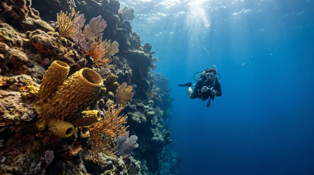Scuba diver hovering at the edge of the Bloody Bay Wall drop-off in Little Cayman, coral wall descending into darkness