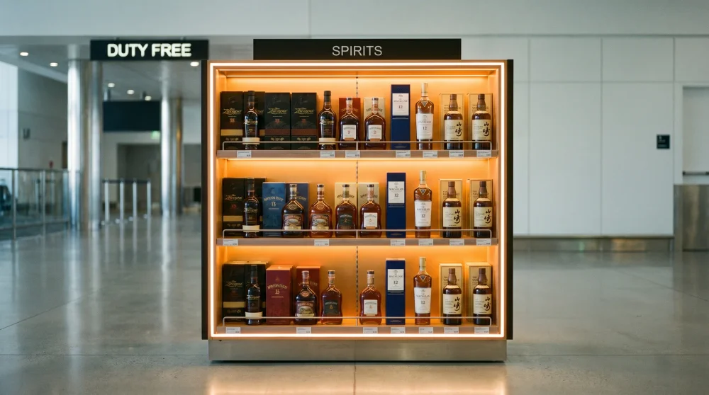 Duty-Free-Regal mit Rum und Spirituosenflaschen am Flughafen der Kaiman-Inseln