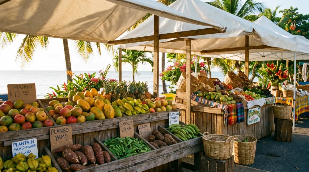 Open-air farmers market with tropical produce at the Cayman Islands