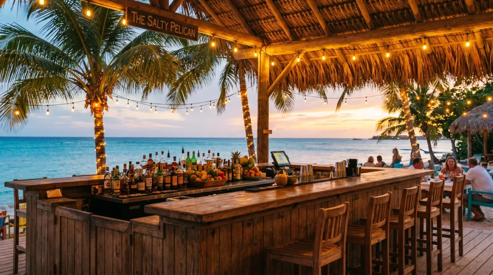 Open-Air-Strandbar in der Abenddämmerung mit Lichterketten und Meeresblick auf den Kaiman-Inseln