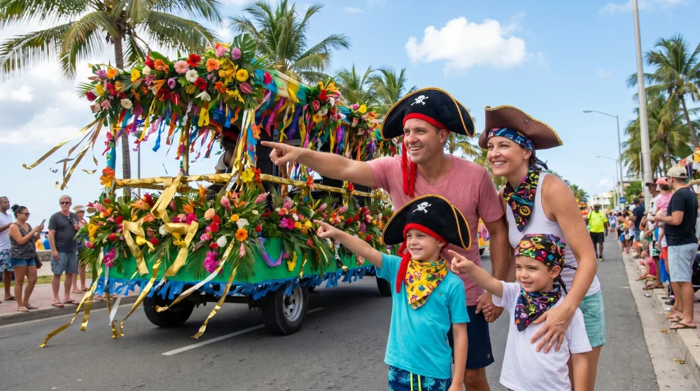 Familie mit Piratenhüten beobachtet den Festumzug bei der Pirates Week auf den Kaiman-Inseln