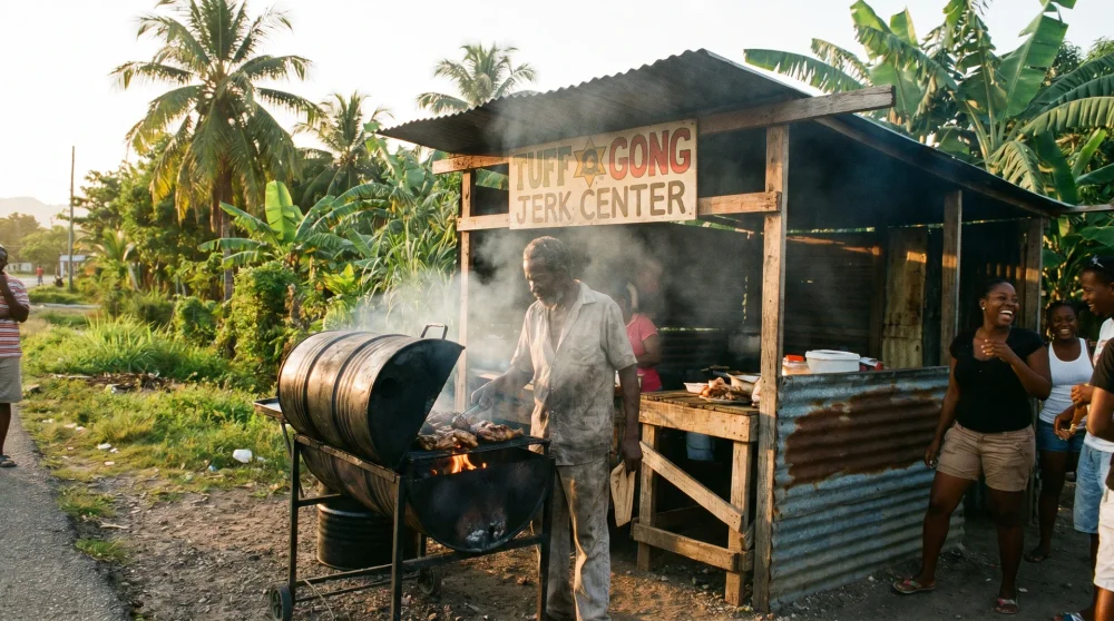 Roadside jerk chicken stand with smoking oil drum grill in Grand Cayman