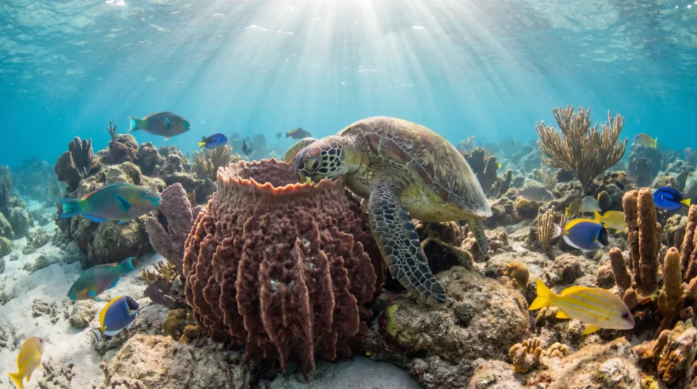 Green sea turtle grazing on a barrel sponge during a shore dive at Lighthouse Point Grand Cayman