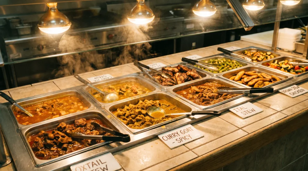Supermarket hot bar with Caribbean stews and curries in Grand Cayman