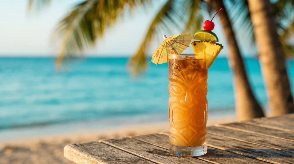 Tropischer Cocktail mit Zitrusgarnitur vor türkisfarbenem Karibikwasser auf den Kaiman-Inseln