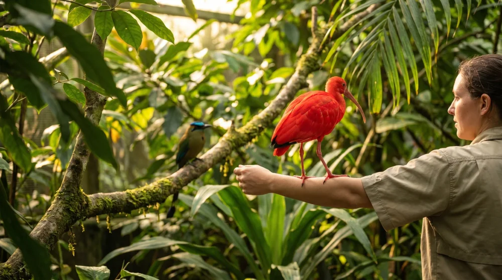 Scarlet ibis perched on a visitor's arm inside the Caribbean Free-Flight Aviary at Cayman Turtle Centre