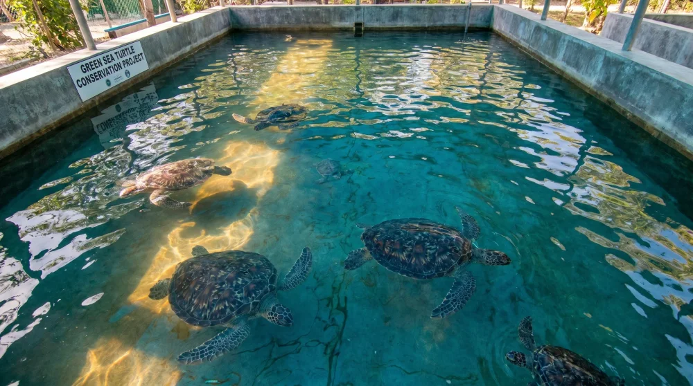 Large adult green sea turtles swimming in the Genesis Breeding Pond at the Cayman Turtle Centre Grand Cayman